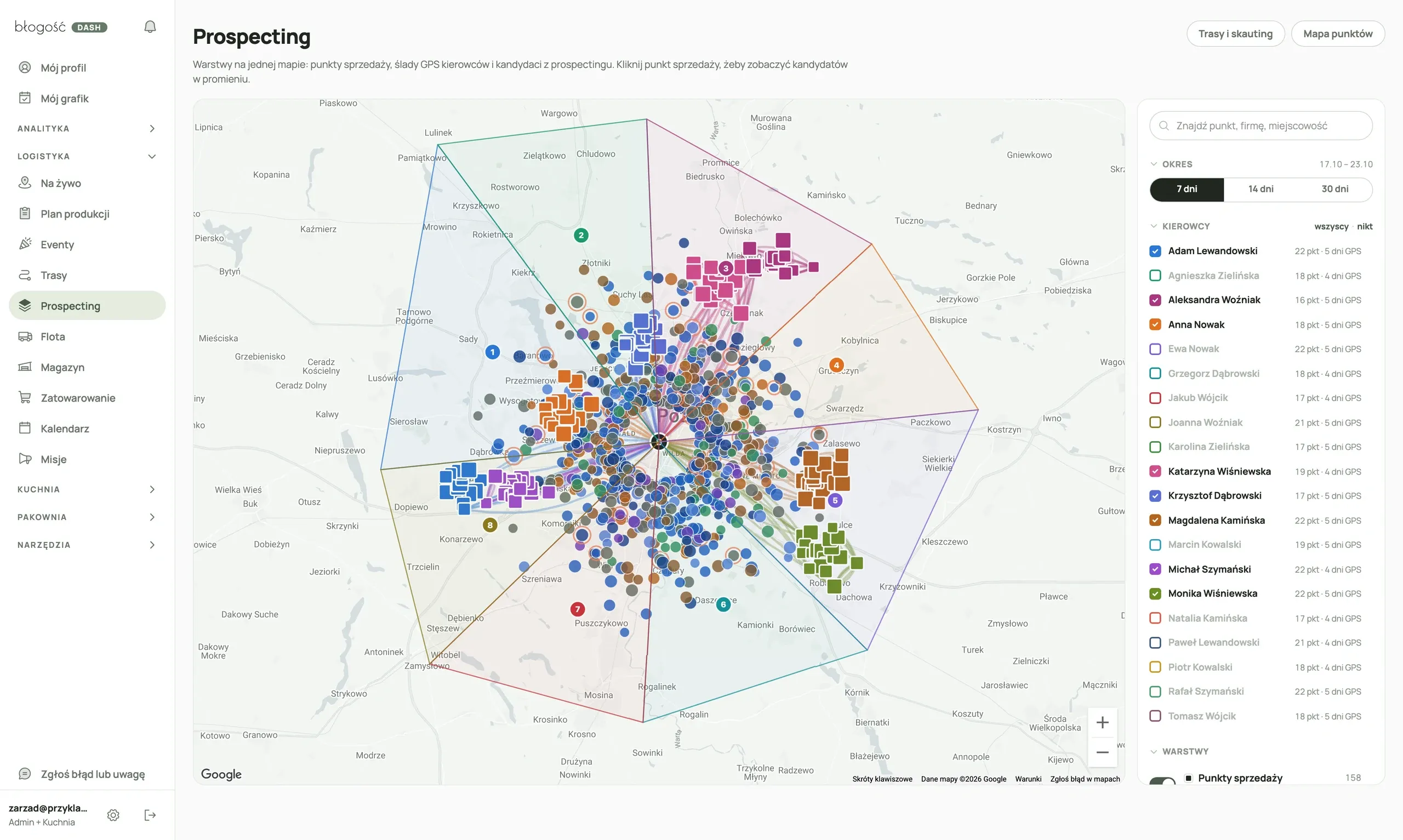 Mapa prospectingu: punkty sprzedaży w kolorach kierowców, ślady GPS, kandydaci i osiem sektorów wokół bazy, z panelem kierowców i warstw