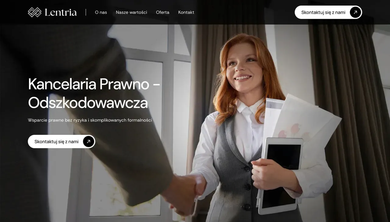 Strona główna Lentria z nagłówkiem Kancelaria Prawno‑Odszkodowawcza i zdjęciem prawniczki