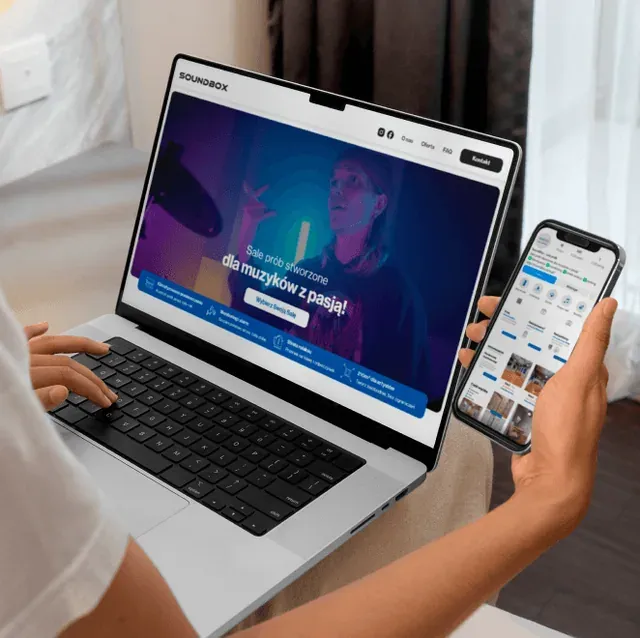 Nowa strona Soundbox na laptopie i smartfonie, z hasłem dla muzyków z pasją