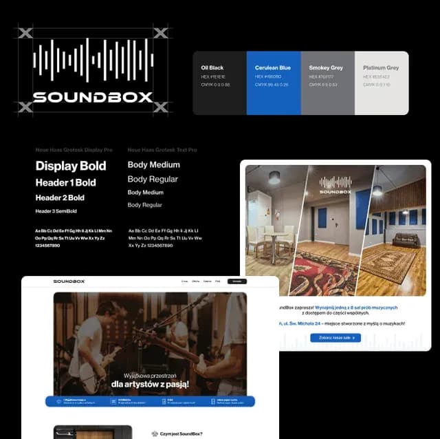 Tablica key visual Soundbox: szkice logo, paleta kolorów, zdjęcie sali i projekt strony