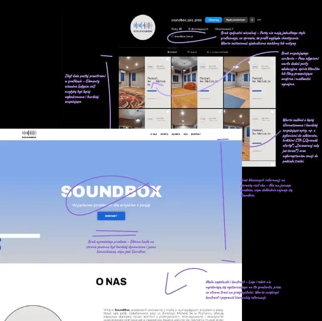Projekt strony Soundbox z odręcznymi notatkami z audytu