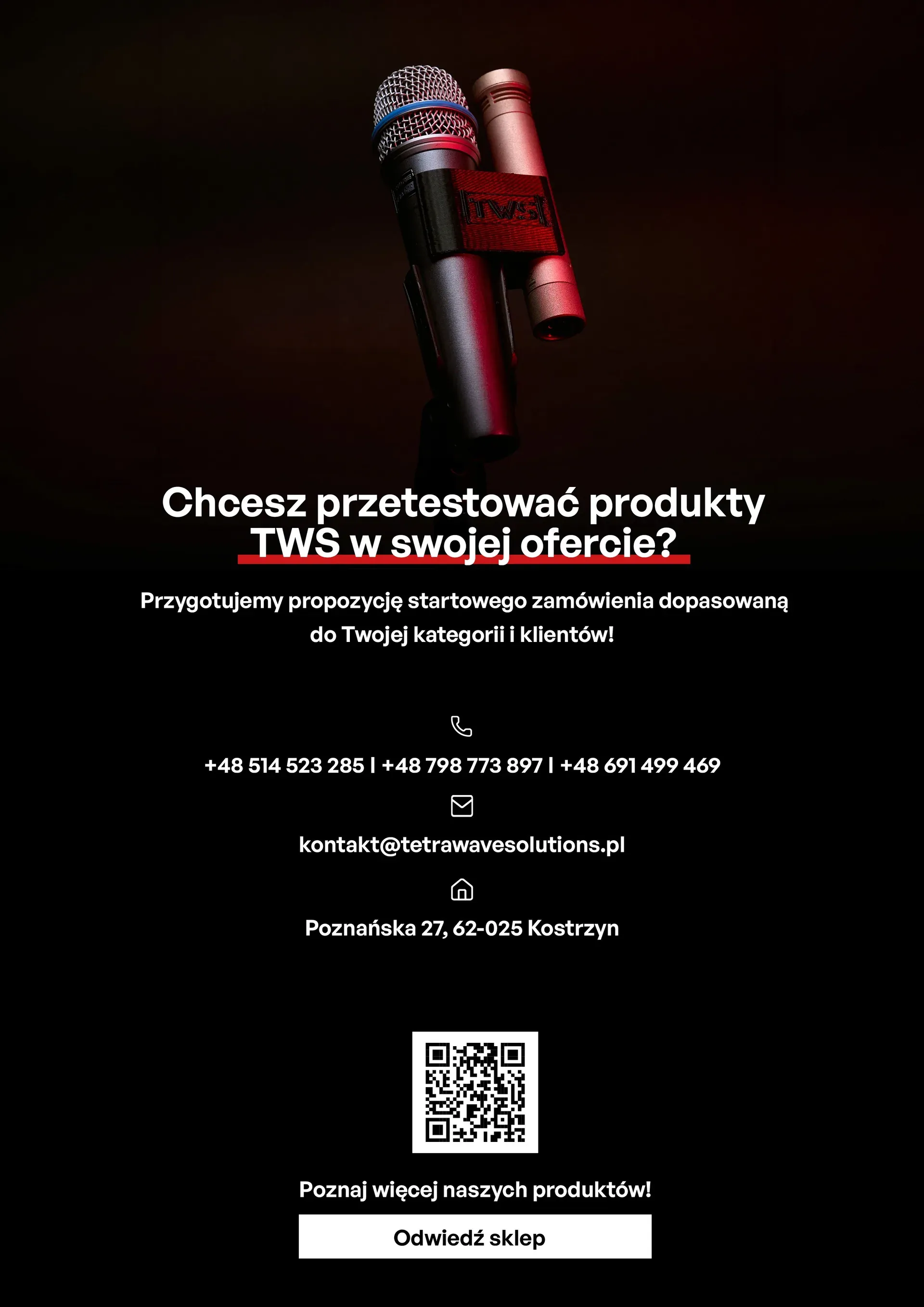 Strona oferty z pytaniem Chcesz przetestować produkty TWS w swojej ofercie? i danymi kontaktowymi