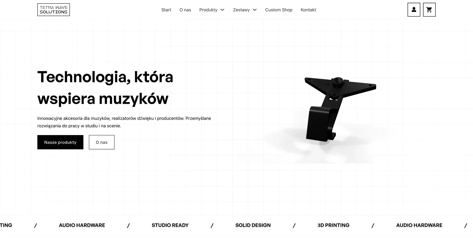 Strona główna Tetra Wave Solutions z hasłem Technologia, która wspiera muzyków i zdjęciem uchwytu mikrofonowego